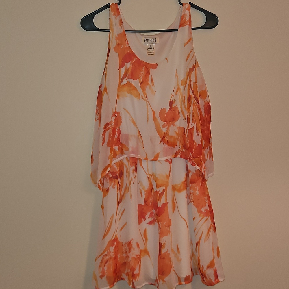 White Mini Dress with Orange and Pink Floral Print